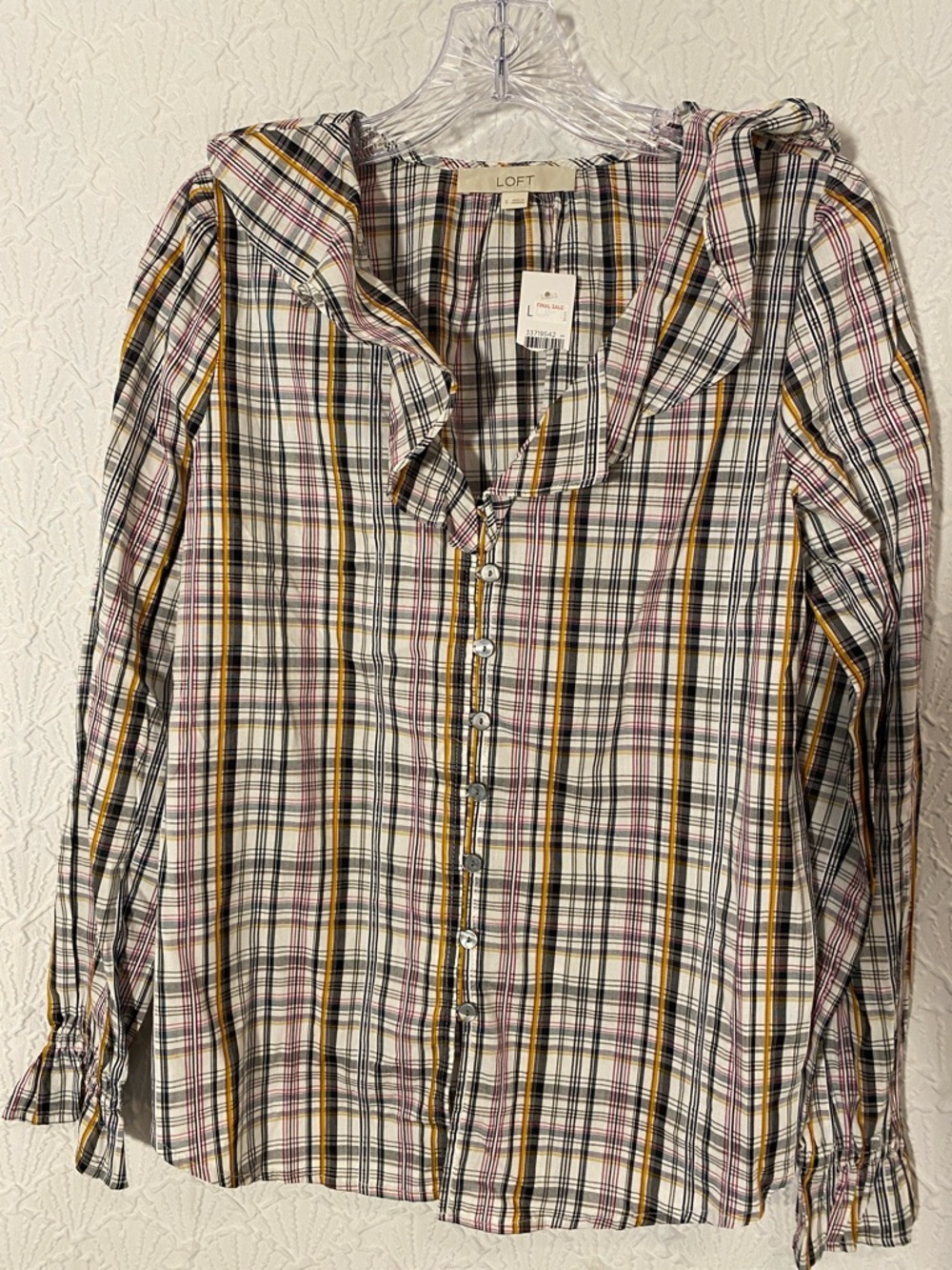 LOFT Plaid Ruffle Collar Button-Up Blouse in Mustard, Black & Pink Backyard BBQ